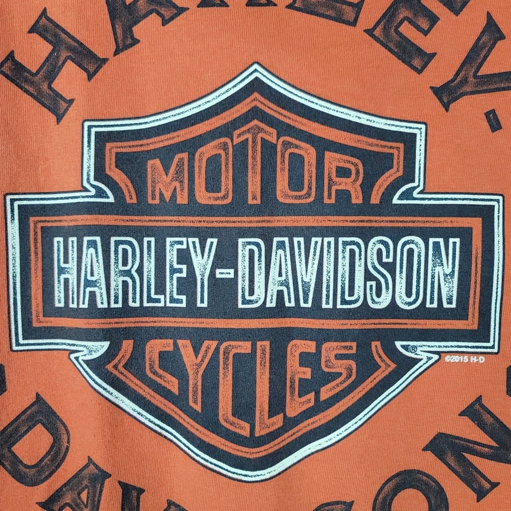 Harley Davidson Mens Long Sleeve Graphic T-Shirt Orange 3XL Bar Shield 2015 - Picture 2 of 16